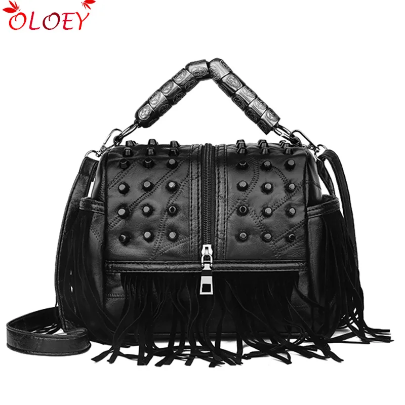  High Quality Women's Genuine Leather Handbags Patchwork Shoulder Bags Female Fashion Tassel Soft To - 32954988246