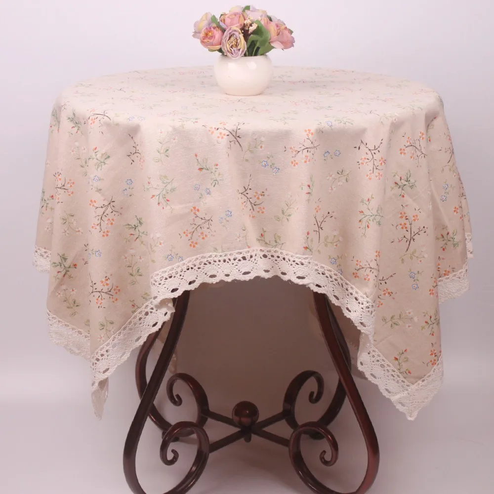 

CURCYA Japan Style Beige Cotton Linen Flowers Lace Tablecloth for Large Dinning Tables / Square Table Cloth for Small Tea Table