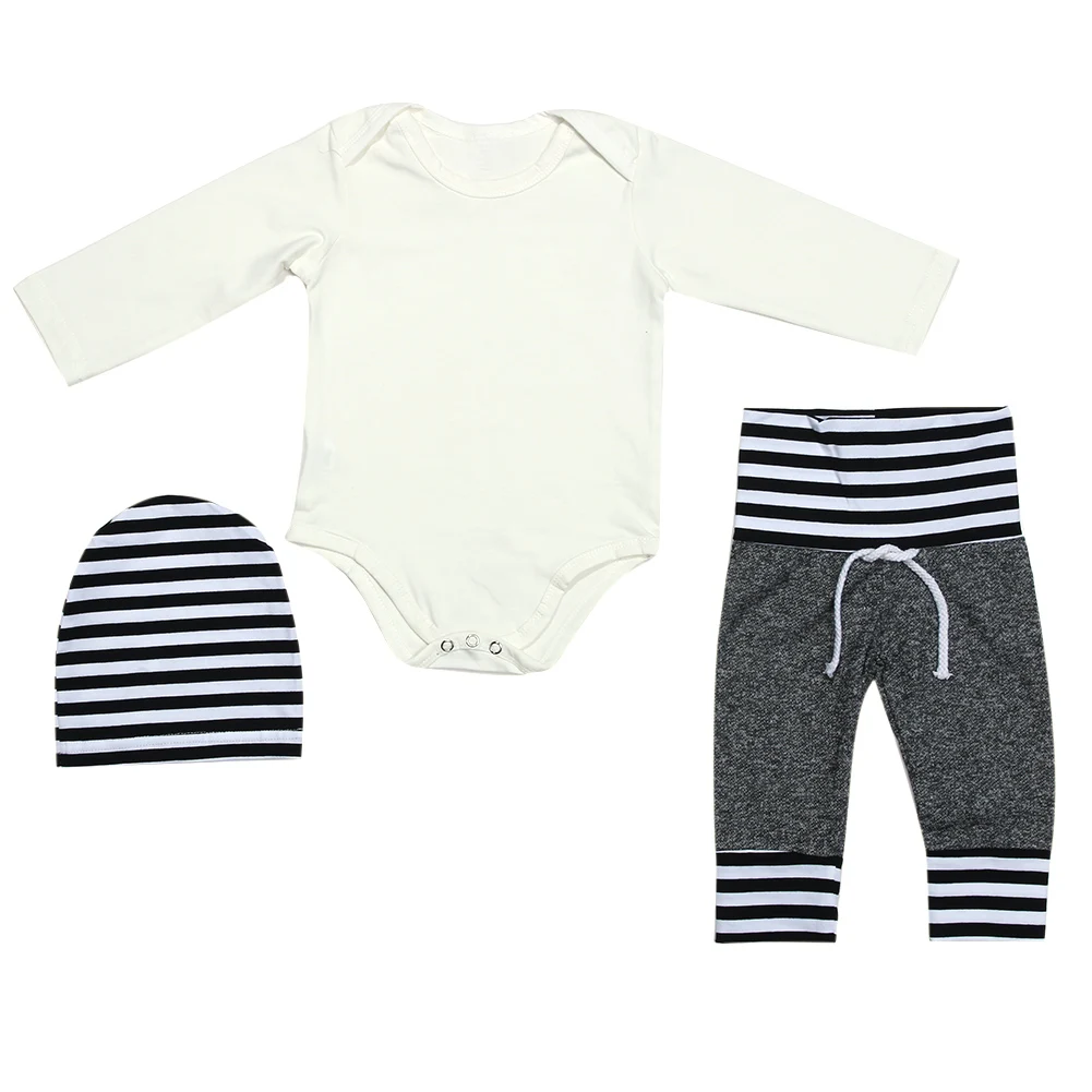 

Spring Autumn Long Sleeve Solid Romper Jumpsuit + Stripe Long Pants + Hat 3Pcs Casual 0-24 Month Baby Boys Girls Clothes Set