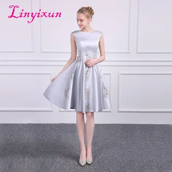 

Linyixun Cheap Homecoming Dress 2018 A Line Scoop Zipper Appliques Cocktail Party Dress Gray Short Satin Prom Dresses Custom