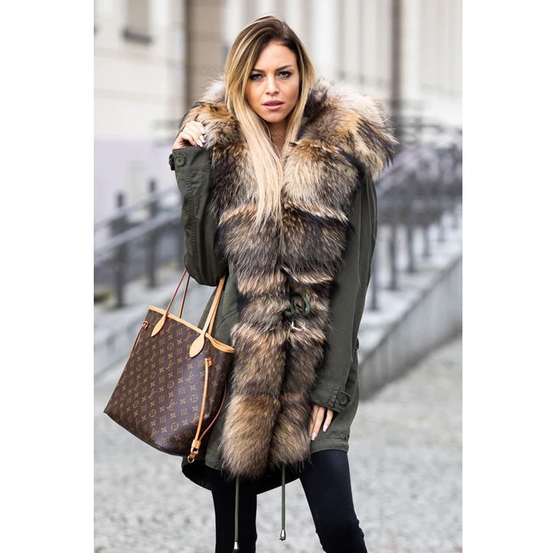 CKMORLS New Fashion Parkas With Natural Big Raccoon Fur Collar Armygreen Fur Jacket For Women Real Fur Coats Thick Warm Outwear CKMORLS New Fashion Parkas With Natural Big Raccoon Fur Collar Armygreen Fur Jacket For Women Real Fur Coats Thick Warm Outwear