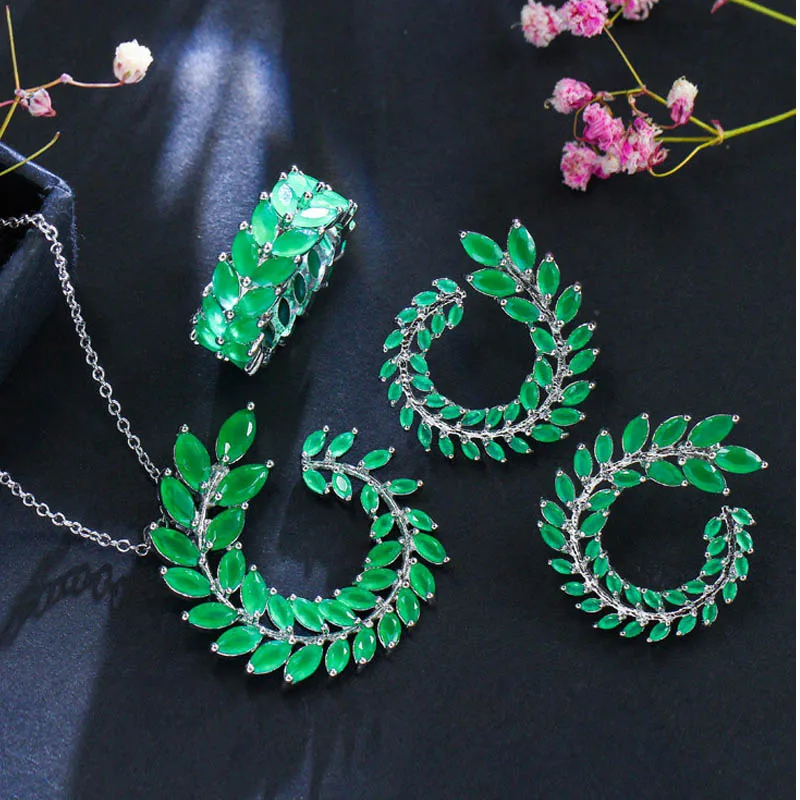 BeaQueen Мода 3 шт Зеленая оливковая ветка фианит огранки «маркиза» лист кольцо серьги ожерелье набор украшений для женщин JS115 - Окраска металла: Green