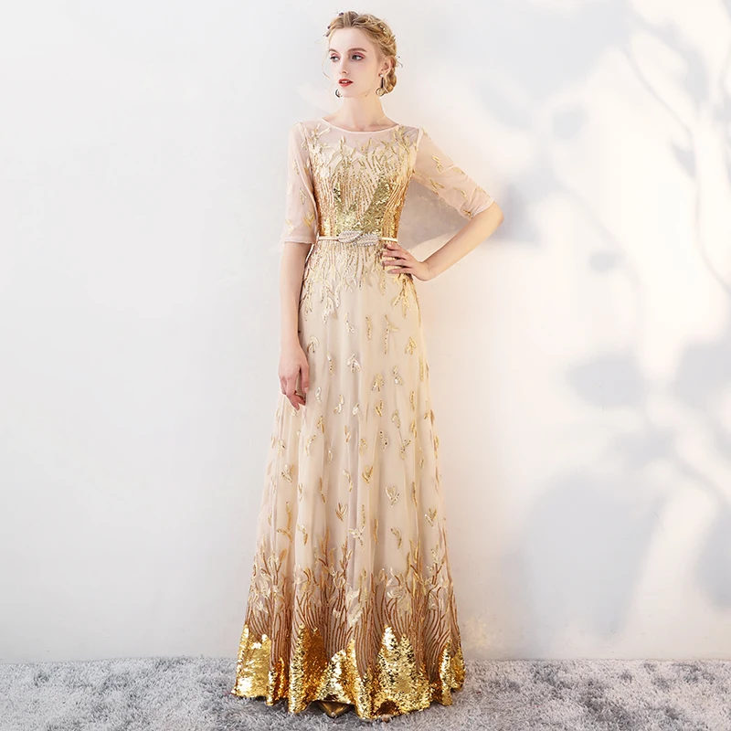 Gold Evening Dresses Long 2019 New Elegant O-neck A-line Floor-Length Sequined Formal Dresses Luxury Evening Gowns For Women Gold Evening Dresses Long 2019 New Elegant O-neck A-line Floor-Length Sequined Formal Dresses Luxury Evening Gowns For Women