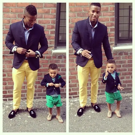 Casual Style Father And Son Matching Suits Navy Blazer Yellow Green