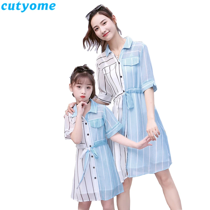 

Cutyome Family Matching Outfits Korean Chic Mommy and Me Striped Blouses Short Sleeve Contrast Color Mother Daugther Shirt Dress