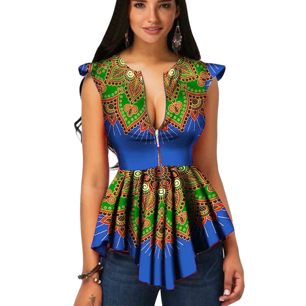 

Women Summer Zipper African Printing Sleeveless Tunic T-Shirt Tops Blouse Shirt Casual Tops Plus Size Blusas Femininas Blouse