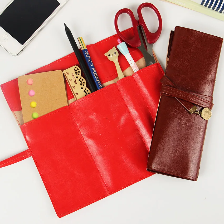 

1 PC High Quality Office School Stationery Retro Roll Leather Pencil Case Multi Function Pencil Bag Student Stationery Supplies