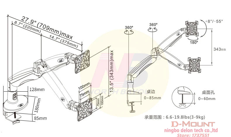 NB F100A газовая пружина 22-3" экран монитор Стенд ARM 360 Поворот наклона Поворотный soporte эргономичный монитор крепление белый с 2xUSB3. 0