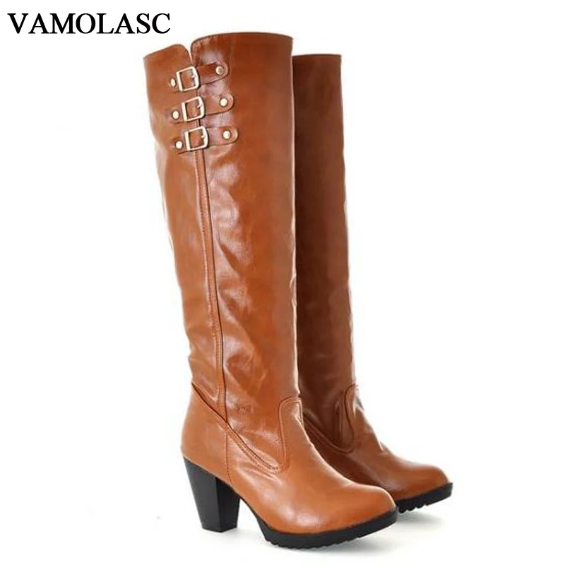 VAMOLASC New font b Women b font Autumn Winter Warm Leather Mid Calf Boots Buckles Square