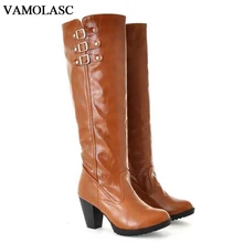 VAMOLASC New Women Autumn Winter Warm Leather Mid Calf Boots Buckles Square High Heel Boots Platform Women Shoes Plus Size 34-43