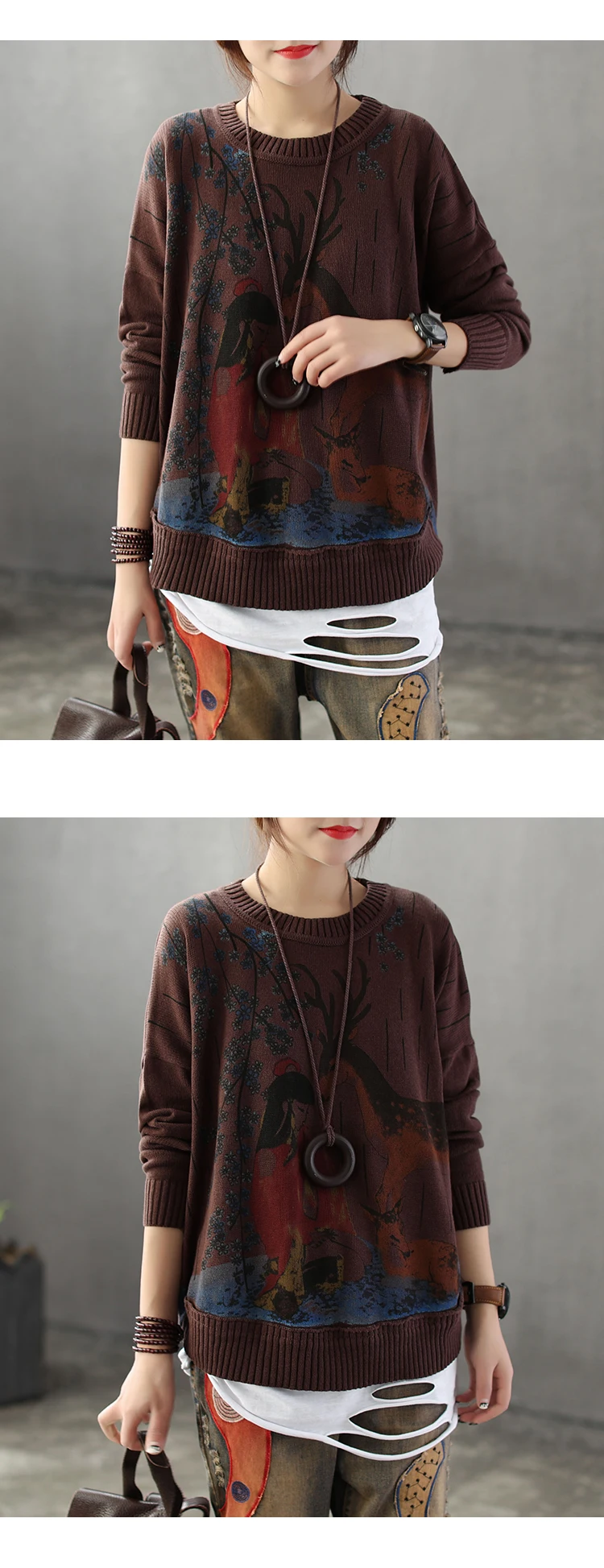 Autumn Winter Sweater Coat for Women Animal Print Vintage Knit Sweater Ladies Long Sleeve Sweaters Women Jumpers LT881S50
