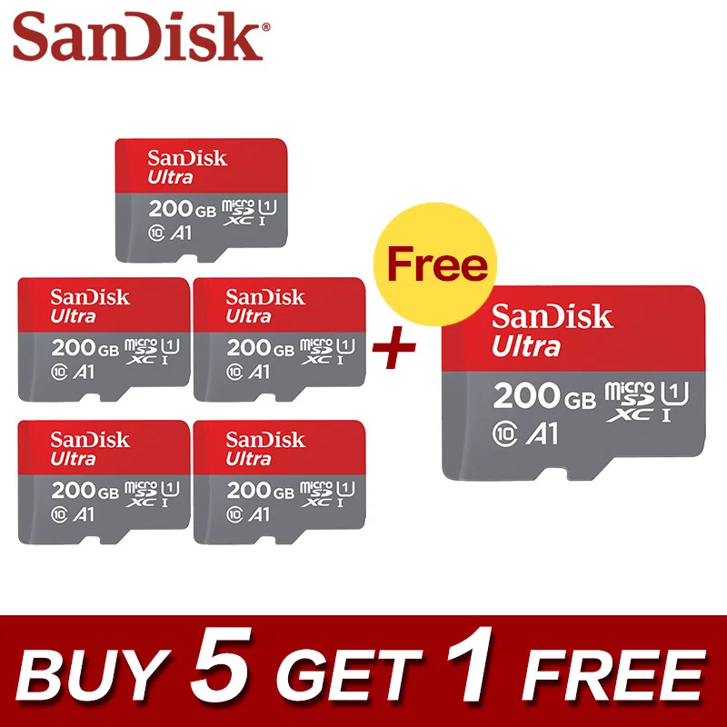 Купить Купить 5 получить 1 Бесплатный SanDisk Micro SD карты 128 ГБ 200 ГБ 64 ГБ 32 ГБ 98 м с Class 10 A1 UHS I Ультра карты памяти Microsd