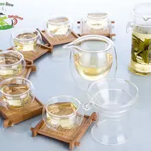 1х кофейный чайный набор кунг-фу-стеклянные двойные ручки для ушей чайный горшок+ ситечко+ чайный кувшин/чахай+ 6 чашек с двойной стенкой в форме сердца