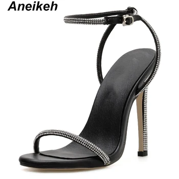 

Aneikeh 2019 Concise PU Solid Sandals Women Thin High Heesl Diamond Round Toe Buckle Strap Daily Dress Black Apricot Size 35-40