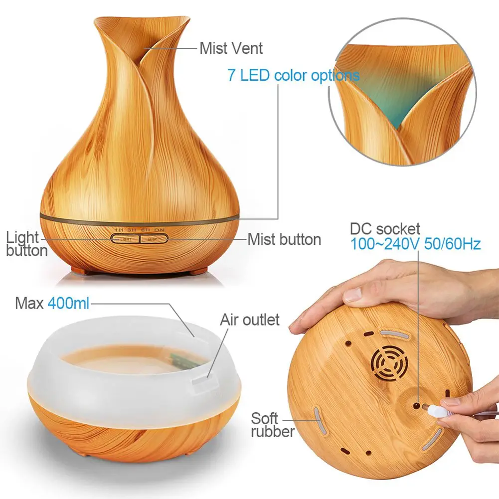 

400ml Air Diffuser Aroma Essential Oil Ultrasonic Air Humidifier with Wood Grain 7 Color Changing LED Lights for Office Home