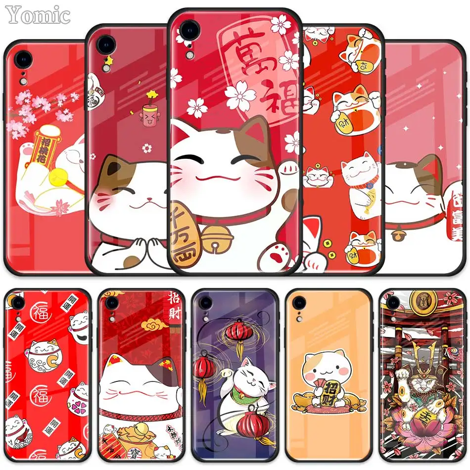 

Maneki Neko Lucky Money cat Tempered Glass Case for Apple iPhone XR 7 8 6 6S Plus X XS MAX Cell Phone Case Cover Shell