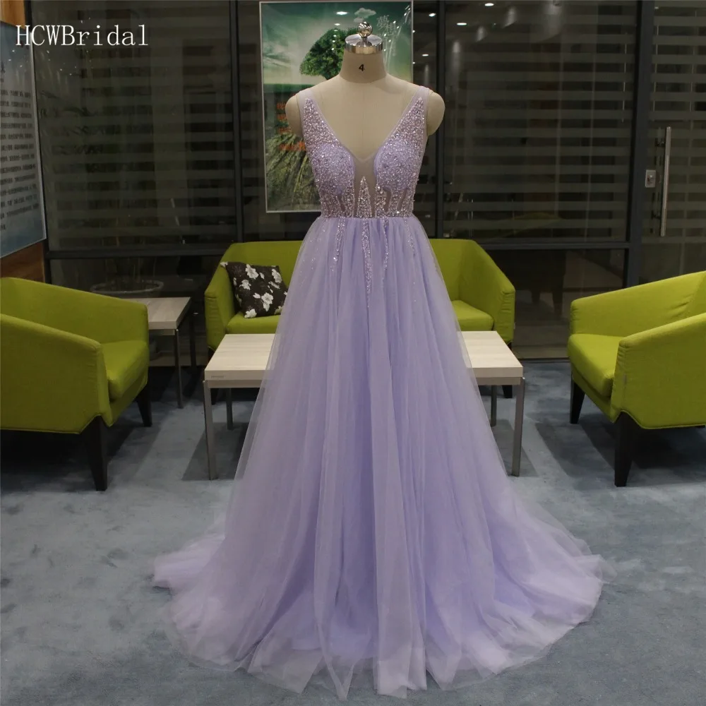 

Lavender Beaded Tulle Evening Dress Backless A Line V Neck Long Elegant Prom Gown 2019 Custom Made Formal Occasion Dresses Cheap