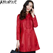 AYUNSUE Новая Элегантная куртка из натуральной кожи для женщин, длинные тонкие куртки с вышивкой из овечьей кожи, женская верхняя одежда размера плюс 5XL LX931