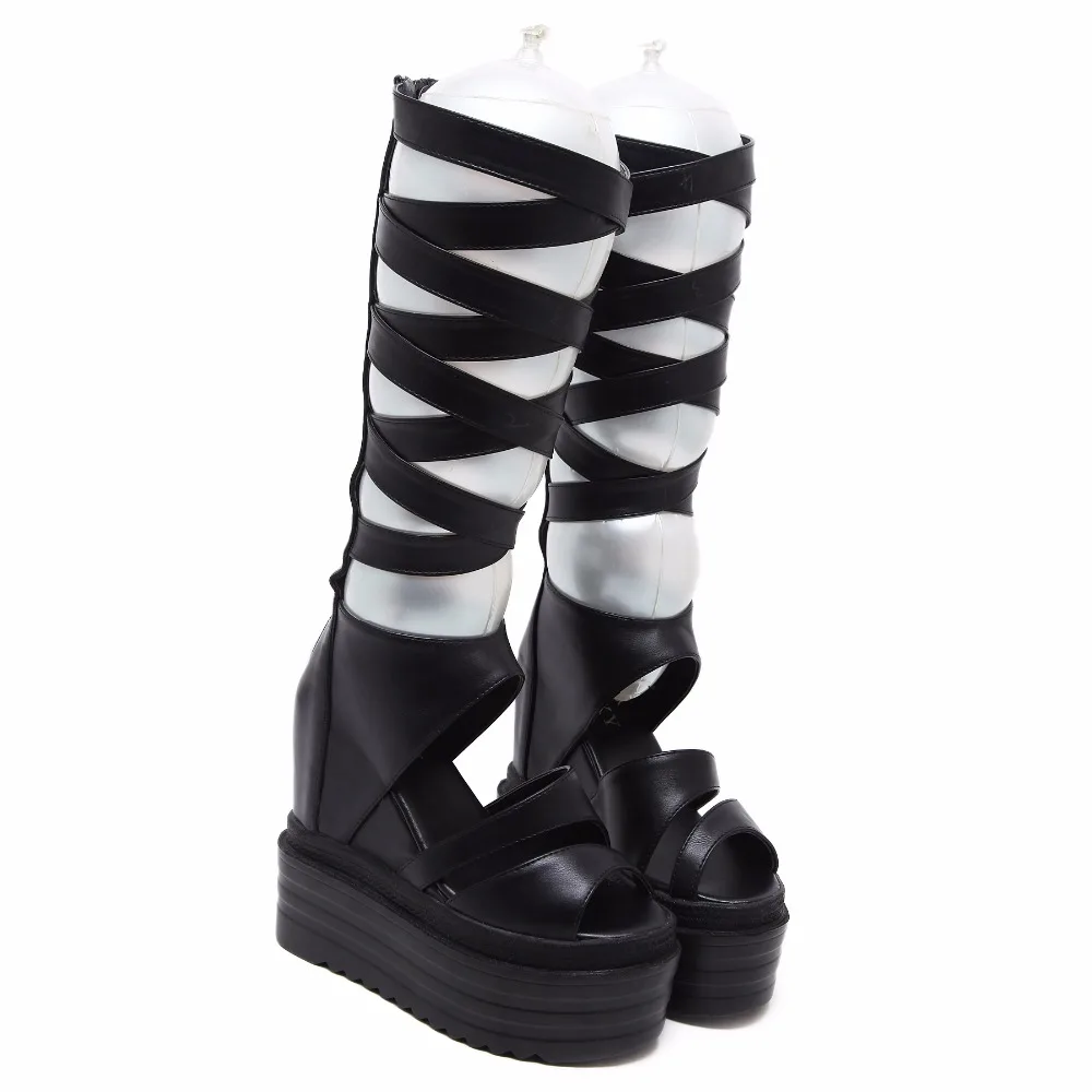 

Summer Occident Style High Tube Wedge With Retro Roman Shoes Long Tube Sandals Students Thick Bottom Female High-heeled Sandals