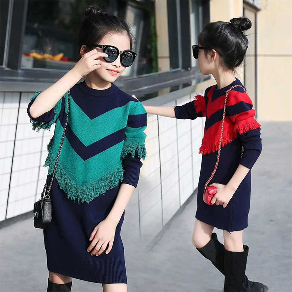 Aixinghao/платье-свитер для девочек; весеннее вязаное платье для девочек; платье для девочек-подростков; Elbise; Возраст 8, 10, 12 лет; Детская школьная одежда