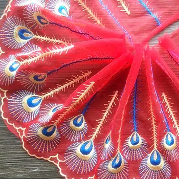 

Blue Embroidered Lace with Feather Pattern Red Nylon Mesh Fabric for DIY Sewing Clothes 15 Yards * 18 cm