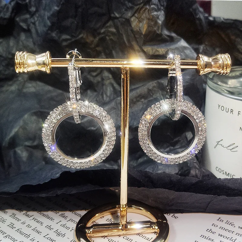 Настоящее чистое твердое 925 пробы Серебряное игольчатое Кольцо Серьги для женщин ювелирные изделия большие круглые стразы розовое золото женские серьги подарок