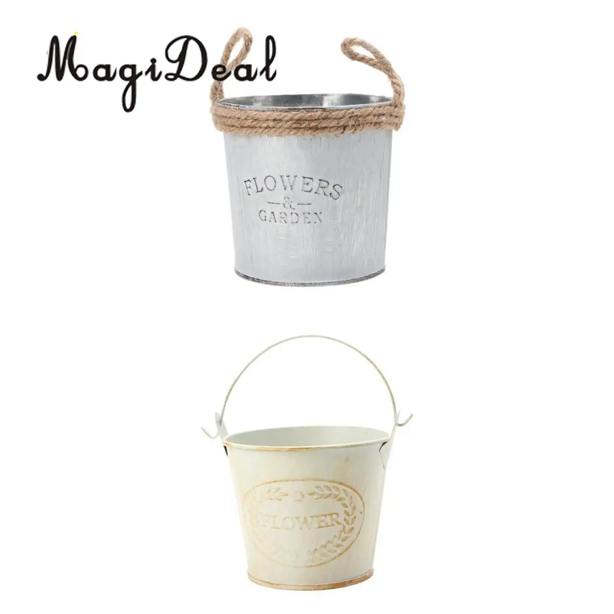 2pcs Round Galvanized Metal Buckets Plants Flower Decorative Vases with Rope