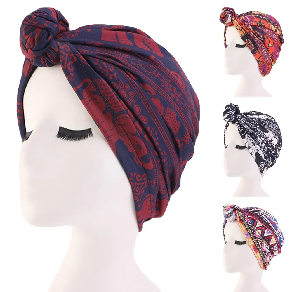 Индийский Для женщин узел капот Кепка chemo тюрбаны шапочка головной платок, шарф выпадения волос Головные уборы Рак печатных стрейч Ближнего Востока