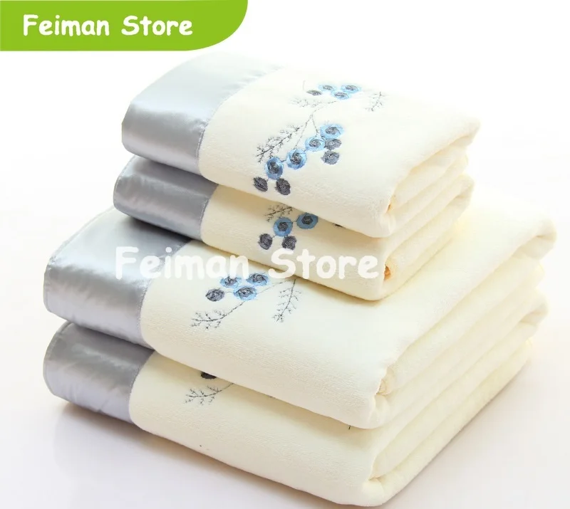 

2pcs/set Microfiber Elegant Embroidered Towel Sets Solid 1pc Face Towel and 1pc Bath Towel Quick Dry Towels Bathroom for Adult