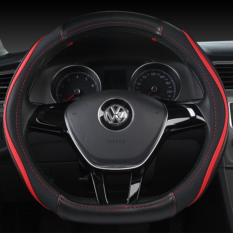 

KKYSYELVA D Shape Steering-Wheel Black Auto Car Steering Wheel Cover Leather 38CM wheel cover Interior accessories