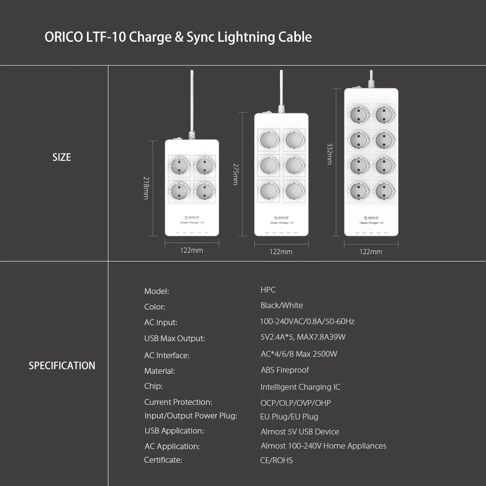 ORICO Защита от перенапряжения USB зарядное устройство бытовая техника 4 AC EU power Strip1.5 метра шнур питания с 5 портами usb зарядная станция