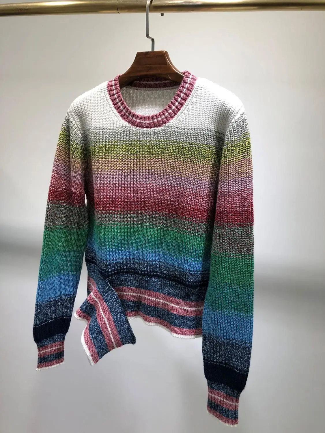 Брендовый Модный женский высококачественный роскошный зимний элегантный асимметричный подол Радужный хлопковый свитер