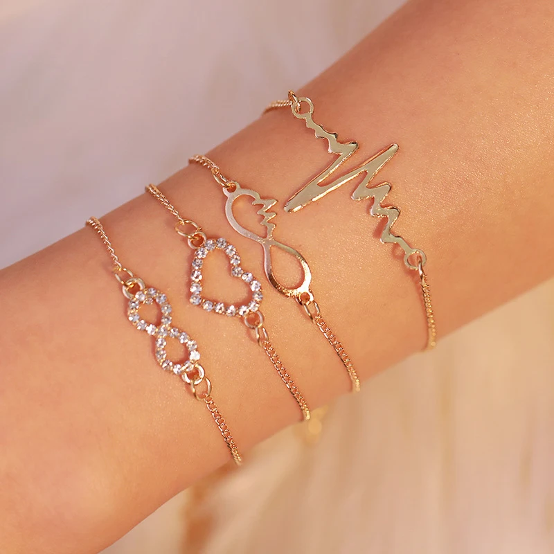 

4 Pcs/set Link Chain Heart Hollow Pendant Circle Bracelet Set Women Silver Simple Bangle Set Small Zircon Inlay Jewelry