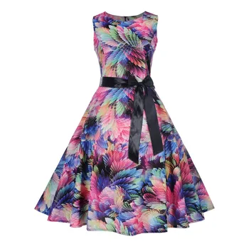 

Women Dress Summer Nice Nice Sleeveless Sashes O Neck 3D Printed Bow Evening Party Prom Swing Dress Pleated