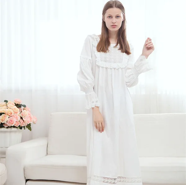 Высококачественная женская ночная рубашка Весна Осень новая сексуальная белая хлопковая ночная рубашка Длинная женская пижама Пижама принцессы Q246 - Цвет: white