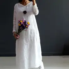 Новые весенние женские хлопок конопли сложить семь рукав чистый белый v-образным вырезом тонкие модели диких платье S183