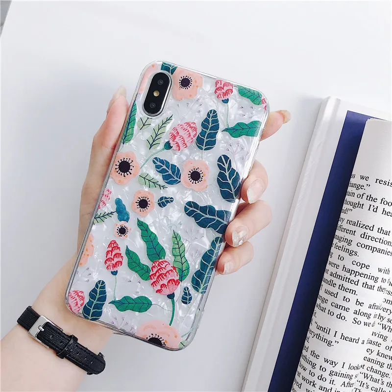 

Retro Flora Patterned Cases for Iphone Xr Xs Max Conch Shell Soft Drop Glue Coque for Iphone 6 6s 7 8 Plus X Case Fundas Capa