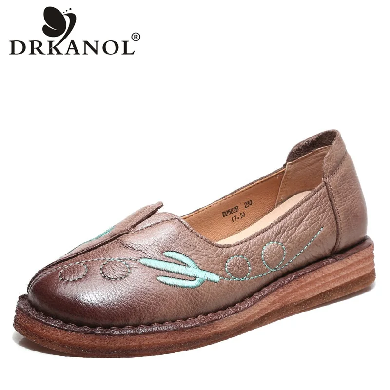 

DRKANOL Handmade Genuine Leather Flat Shoes Women Loafers Slip On Moccasins Flats Female Vintage Pregnant Woman Casual Shoes