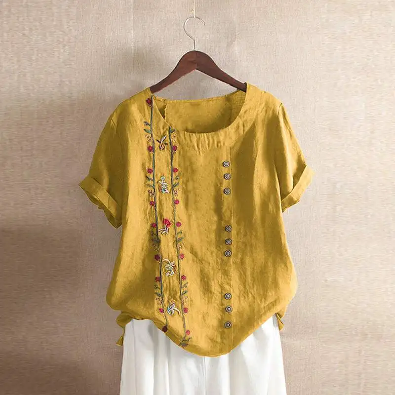 Женская блузка с вышивкой, ZANZEA, элегантная льняная туника, женская футболка с круглым вырезом, летняя блуза с коротким рукавом, женские топы большого размера - Цвет: Цвет: желтый