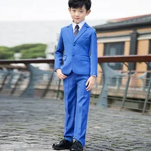 Смокинги для мальчиков с отворотами на заказ, Детский костюм с двумя пуговицами, синие детские костюмы на свадьбу/выпускной(куртка+ жилет+ брюки+ галстук+ рубашка), NH15