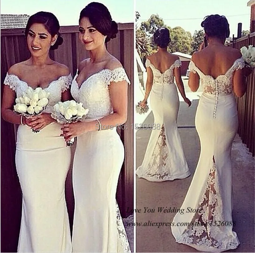 Скромное белое платье подружки невесты с юбкой-годе для девочек 2015 года с открытыми плечами кружевная свадебная одежда для гостей длинные