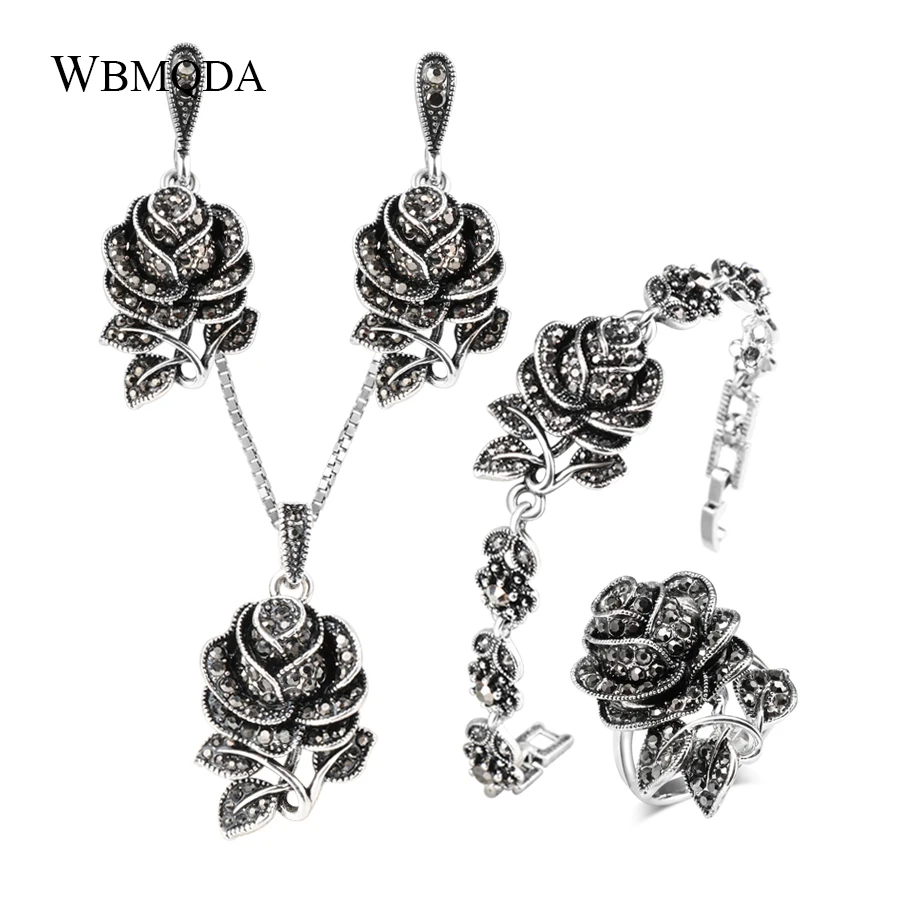 

4 Pcs/lot Fashion Black Crystal Rose Flower Bridal Jewelry Sets Vintage Love Silver Necklace Ring Bracelet Earrings For Women