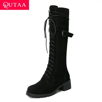 

QUTAA 2020 Lace Up Retro Middle Heel Knee High Boots Cow Suede Buckle Zipper Women Shoes Round Toe Black Long Boots Size 34-39