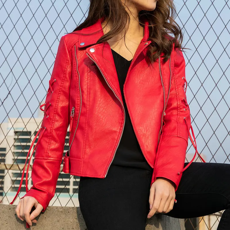 

2019 New Fashion Women Autumn Winter Faux Soft Leather Jackets & Coats Lady Red White Black PU Zipper Motorcycle Streetwear Hot