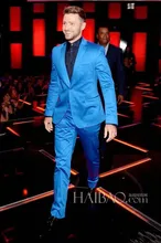 New Arrival Groomsmenn Notch Lapel Groom Tuxedos Shiny Blue Mens Suits Wedding Best Man (Jacket+Pants+Tie+Hankerchief) B786