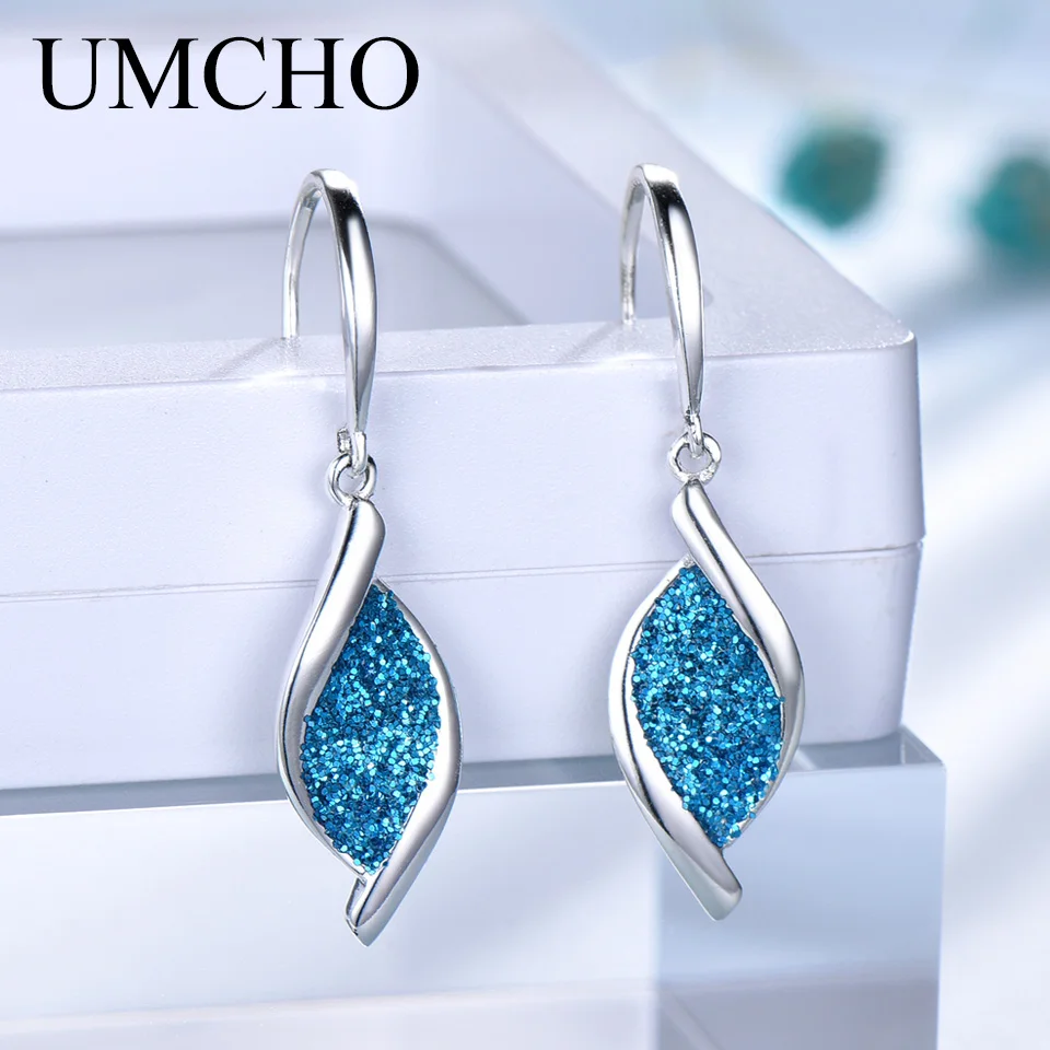 Женские серьги подвески с блестками UMCHO Элегантные Синие вечерние из серебра 925