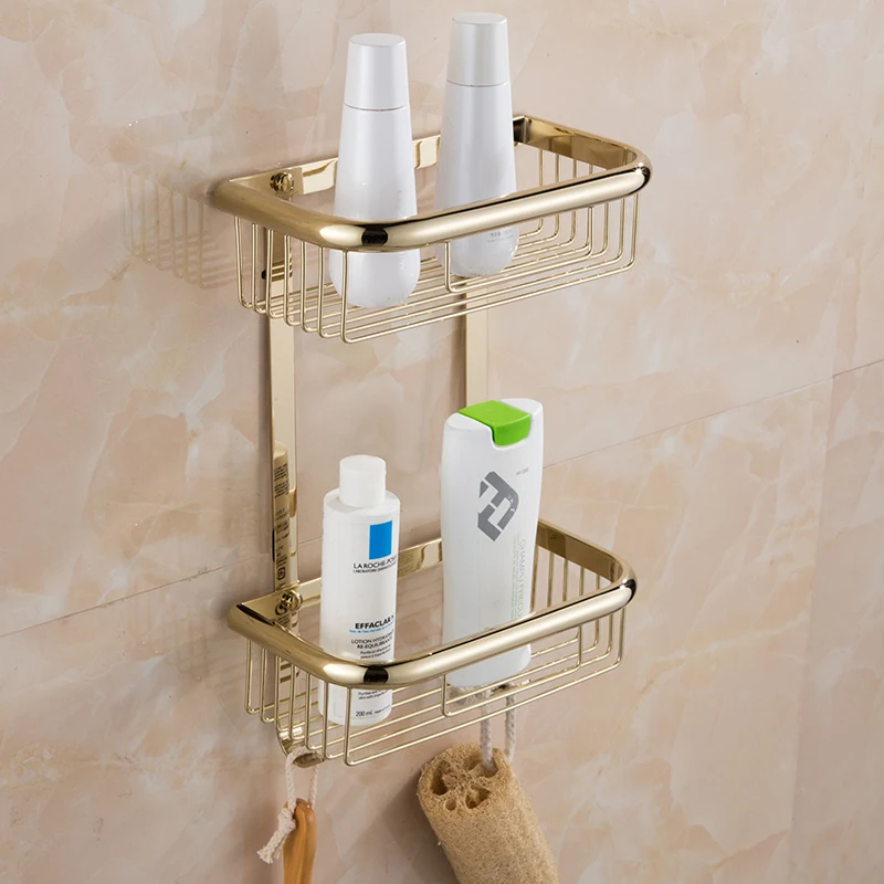 Gold Bathroom Shelf copper dual Tiers Square Shelf Wall mounted Shower Caddy Storage Shampoo Basket Wall Kitchen Corner Holder Gold Bathroom Shelf copper dual Tiers Square Shelf Wall mounted Shower Caddy Storage Shampoo Basket Wall Kitchen Corner Holder