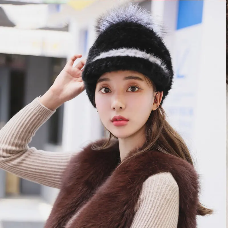 

New Mink Fur Woven Fur Hat Earmuff Ball Winter Warm Sweet Cute Fur Cap