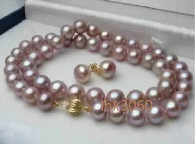 

9-10mm Purple natural south sea Pearl Necklace + gift earring 18" yellow clasp