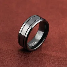 Beveled Edges Grooved Black Customized Tungsten Engagement Rings Any Design Free Laser Engraved